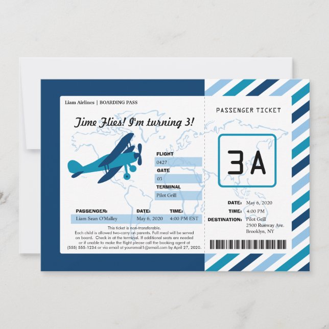 Vintage Plane Birthday Boarding Pass Ticket Invitation (Front)