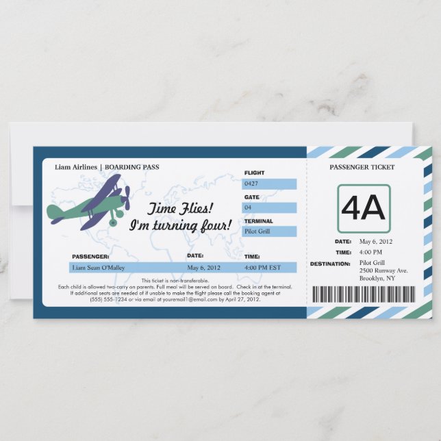 Vintage Plane Birthday Boarding Pass Ticket Invitation (Front)