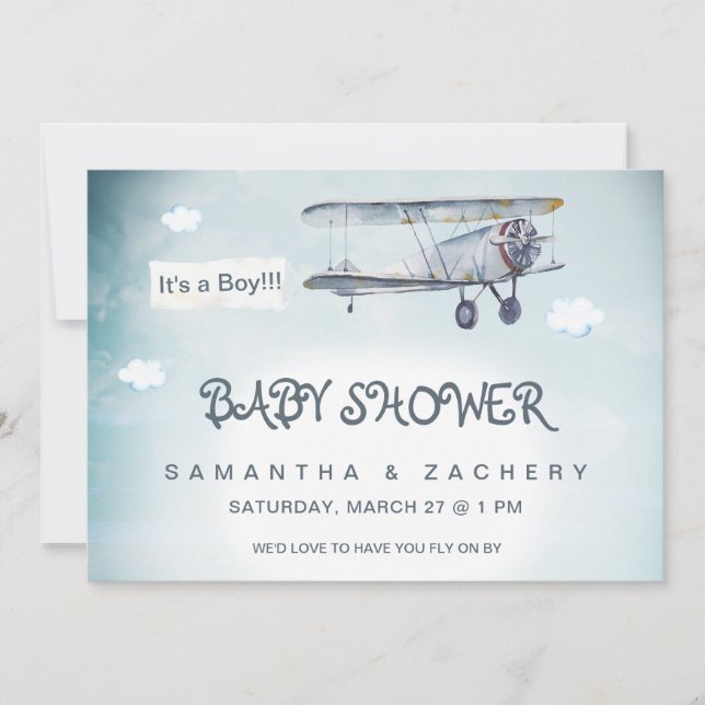 *~* Vintage Plane Clouds Banner Baby Boy Shower Invitation (Front)
