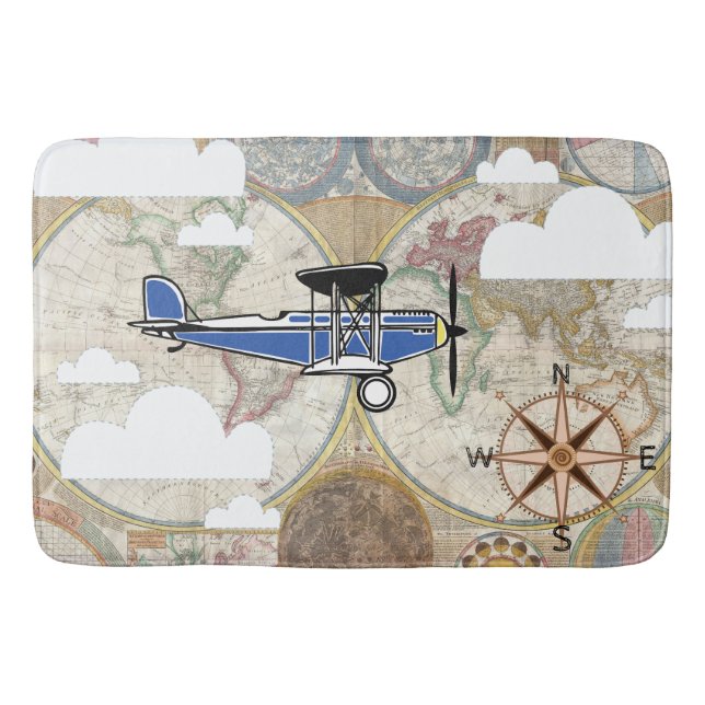 Vintage Plane & World Map Adventure Bath Mat (Front)