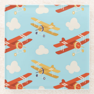 Vintage Planes Clouds Background Pattern Glass Coaster