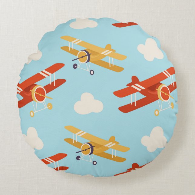Vintage Planes Clouds Background Pattern Round Cushion (Front)