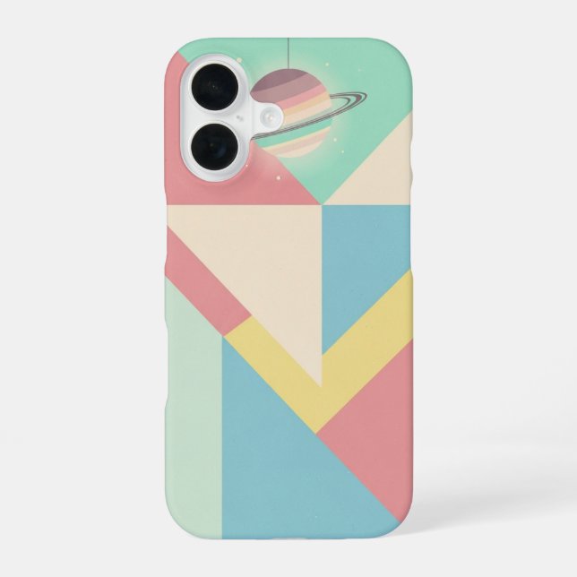 Vintage Planet on Geometric Blocks iPhone 16 Case (Back)