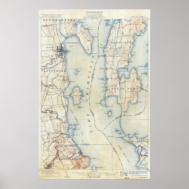 Vintage Plattsburgh New York Topographical Map Poster (Front)