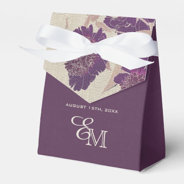 Vintage Plum Flowers Burlap Texture Wedding  Favour Box (Front Side)