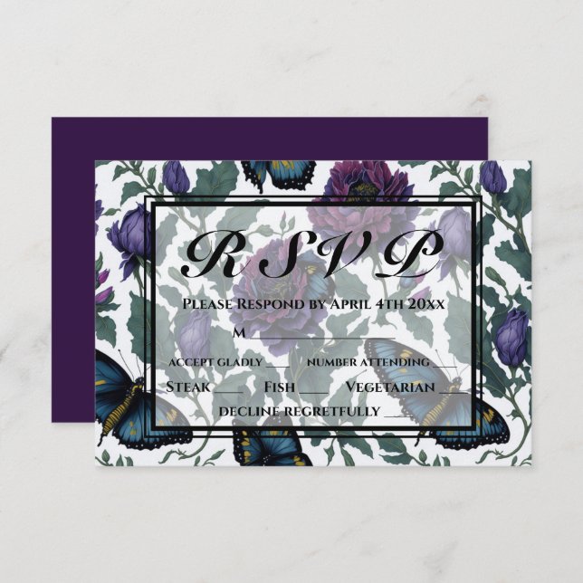 Vintage plum purple magenta floral butterfly RSVP (Front/Back)