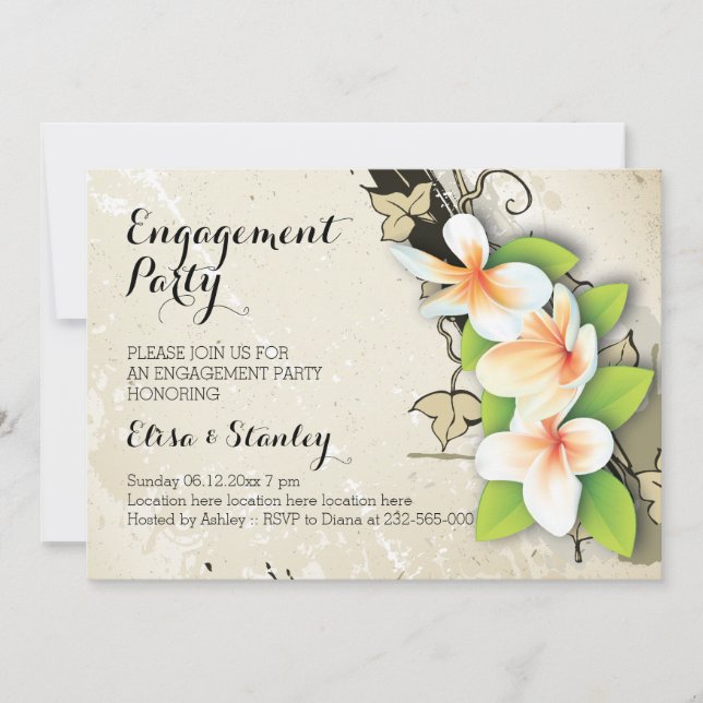 Vintage plumeria and ivy wedding engagement party invitation (Front)