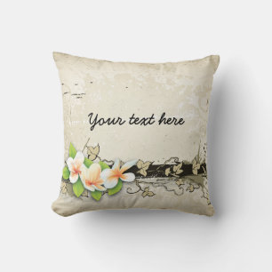 Vintage plumeria/frangipani and ivy beige cushion
