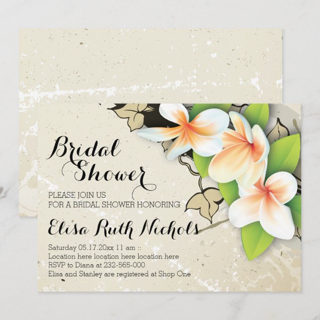 Vintage plumeria & ivy beige wedding bridal shower invitation (Front/Back)