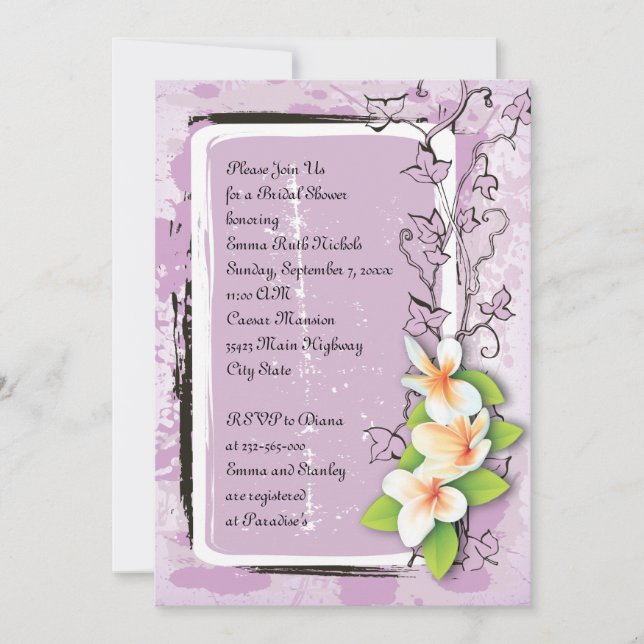 Vintage plumeria ivy purple white bridal shower invitation (Front)