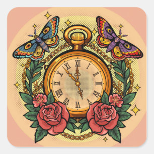 Vintage Pocket Watch and Butterfly Aesthetic Square Sticker
