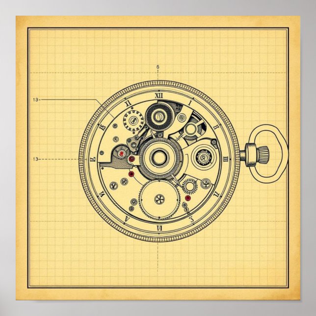 Vintage Pocket Watch Blueprint Print (Front)