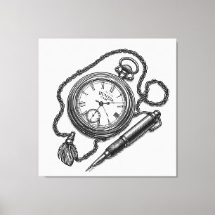 Vintage Pocket Watch & Pen Sketch Art Canvas Print
