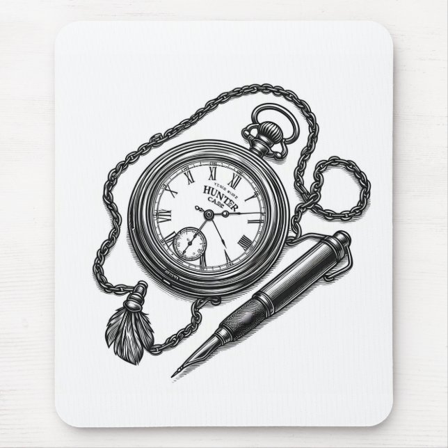 Vintage Pocket Watch & Pen Sketch Art Mouse Pad (Front)