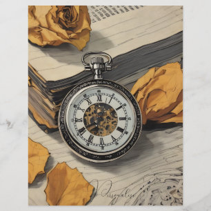 Vintage Pocket Watch Rose Floral Scrapbook Paper