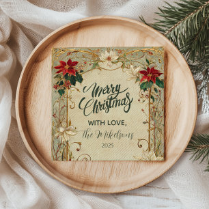 Vintage Poinsettia and Holly Christmas Napkin