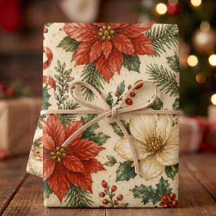 Vintage Poinsettia and Holly Christmas Wrapping Paper Sheet
