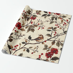 Vintage Poinsettia Bird Christmas Cream Red Wrapping Paper