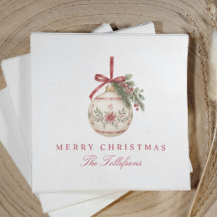 Vintage Poinsettia Christmas Ornament Burgundy Napkin