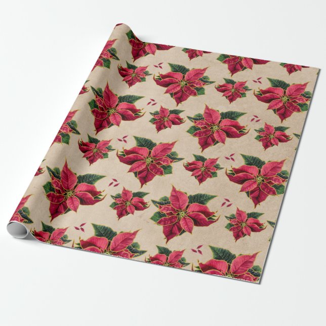 Vintage Poinsettia Gold Outline Wrapping Paper (Unrolled)