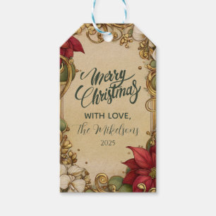 Vintage Poinsettia Gold Scroll Christmas Gift Tags