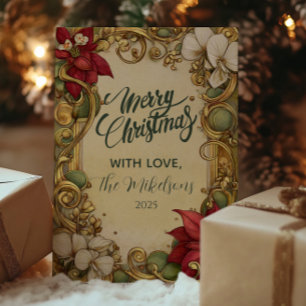 Vintage Poinsettia Gold Scroll Christmas Holiday Card