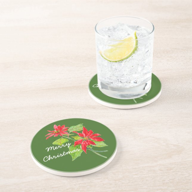 Vintage Poinsettia Merry Christmas Coaster (Side)