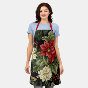Vintage Poinsettia Pattern Christmas Apron