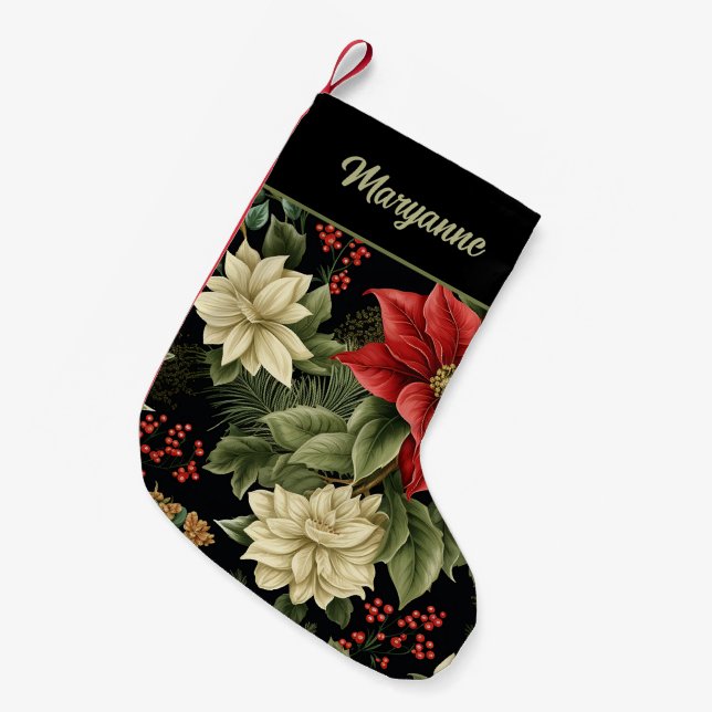 Vintage Poinsettia Pattern on Black Small Christmas Stocking (Front (Hanging))
