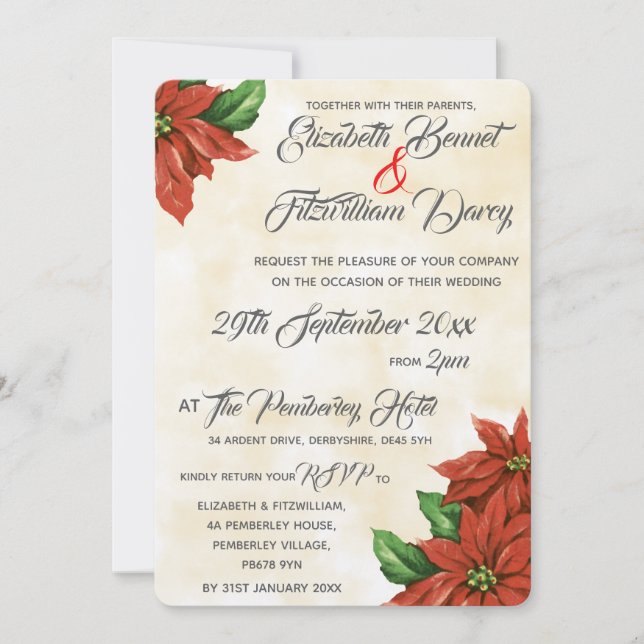 Vintage Poinsettia Wedding Invitation (Front)