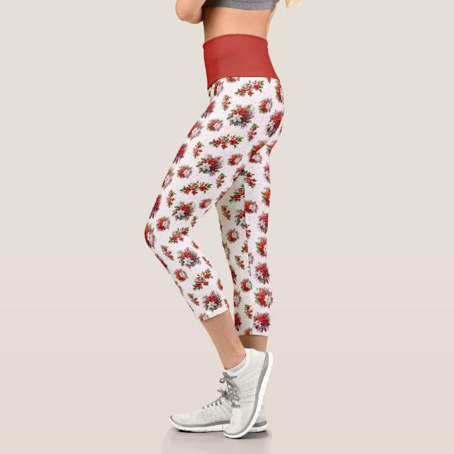 Vintage Poinsettias And Holly Christmas White Capri Leggings (Left)
