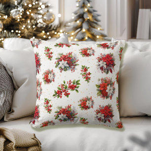 Vintage Poinsettias And Holly Christmas White Cushion