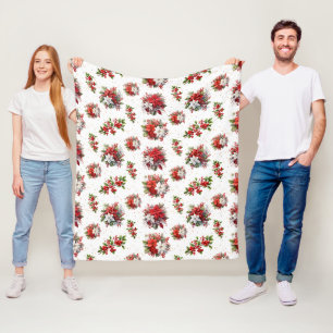 Vintage Poinsettias And Holly Christmas White Fleece Blanket