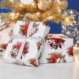 Vintage Poinsettias And Holly Christmas White Wrapping Paper