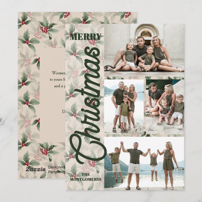 Vintage Poinsettias Merry Christmas Photo Holiday Card (Front/Back)