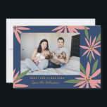 Vintage Poinsettias Navy Blue Pink Christmas Photo Holiday Card<br><div class="desc">Customise with your greeting or message for the holiday season. Original frame by Becky Nimoy. Add a photo on the back or a message.  Pattern can be removed if desired</div>