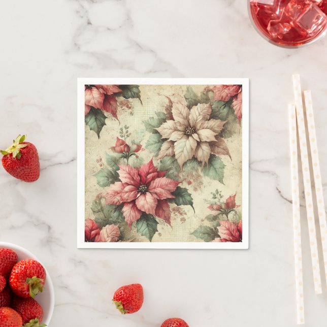 Vintage Poinsettias on Linen Decoupage Napkins (Insitu)