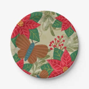 Vintage Pointsettia Greenery Christmas Party Paper Plate