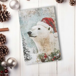 Vintage Polar Bear Christmas Winter Aged Decoupage Postcard