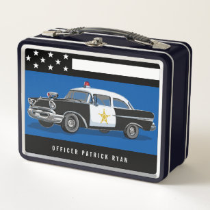 Vintage Police Car American Flag Blue line Metal Lunch Box