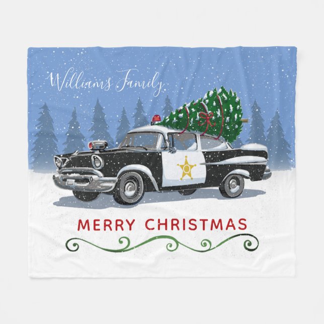 Vintage Police Car Christmas Tree Monogram Fleece Blanket (Front (Horizontal))