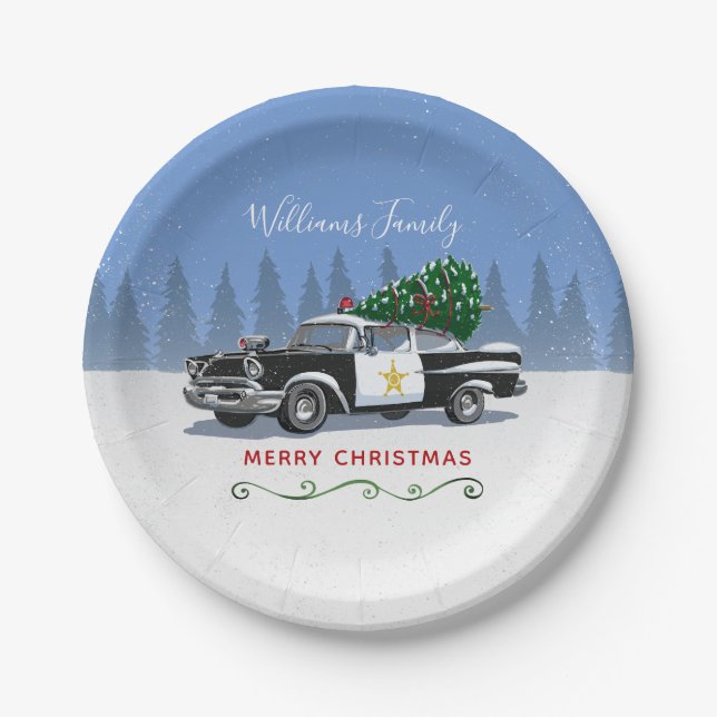 Vintage Police Car Christmas Tree Monogram Paper Plate (Front)