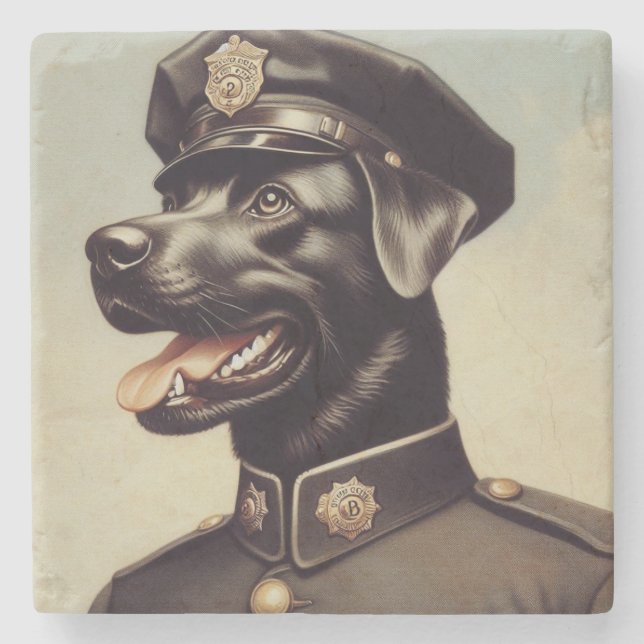 Vintage Police Dog Painting Stone Coaster (Front)