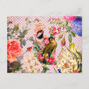 Vintage polka dots bird colourful flowers postcard