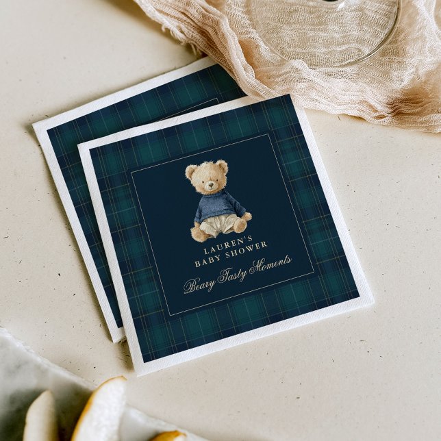 Vintage Polo Bear Tartan Baby Shower Napkin (Creator Uploaded)