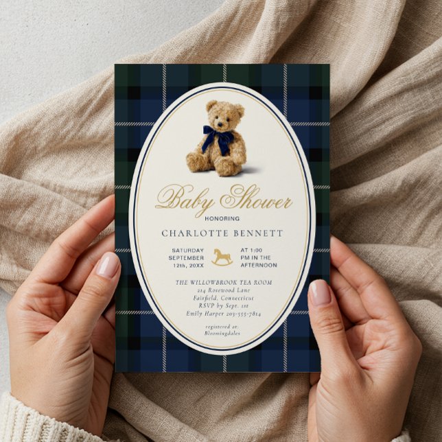Vintage Polo Teddy Bear Plaid Baby Shower Invitation (Timeless Baby Shower Invitation)