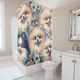 Vintage Pomeranian Dog Illustration Shower Curtain