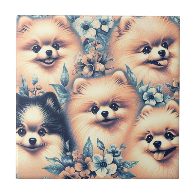 Vintage Pomeranian Dog Illustration Tile (Front)