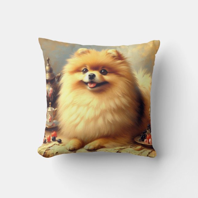 Vintage Pomeranian Dog Painting Cushion (Front)