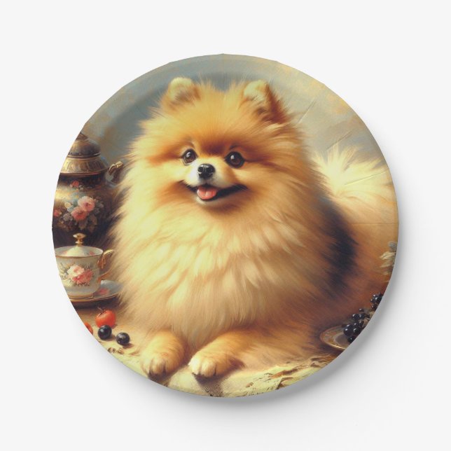 Vintage Pomeranian Dog Painting Paper Plate (Front)